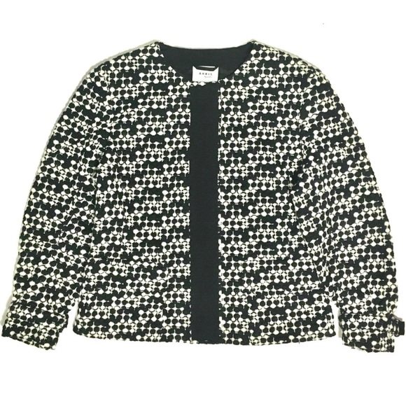 AKRIS PUNTO Blazer Jacket Tweed Dot Embroidered Wool Belted Waist Black White 8 - Picture 3 of 16